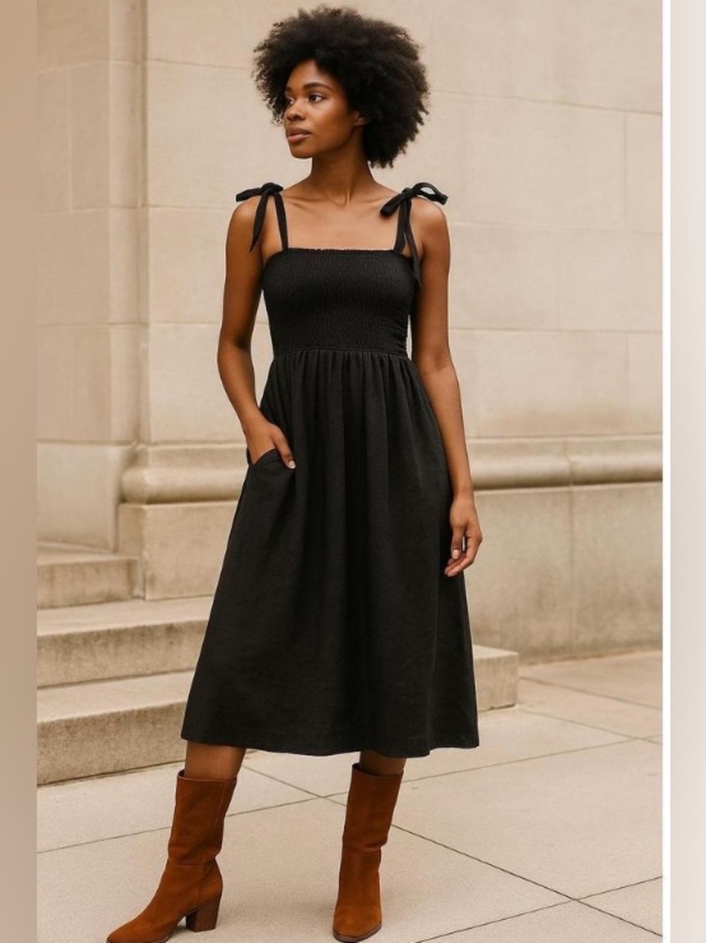 Reformation Dress Black Canyon Linen Smocked Tie-Shoulder Midi Pockets Size 4